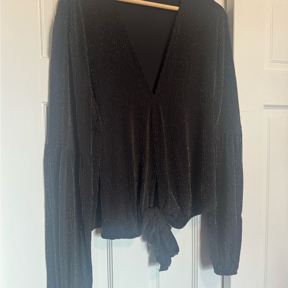 By Together Black Shimmer Tie-Front Blouse